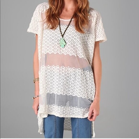 Free People Cream Mesh Crochet Oversized Blouse Size M sheer cutout Panels - Picture 1 of 4